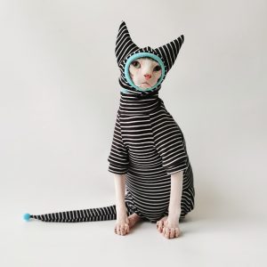 Sphynx Cat Striped Pyjamas  Four Legged Clothing with Tail and Hat